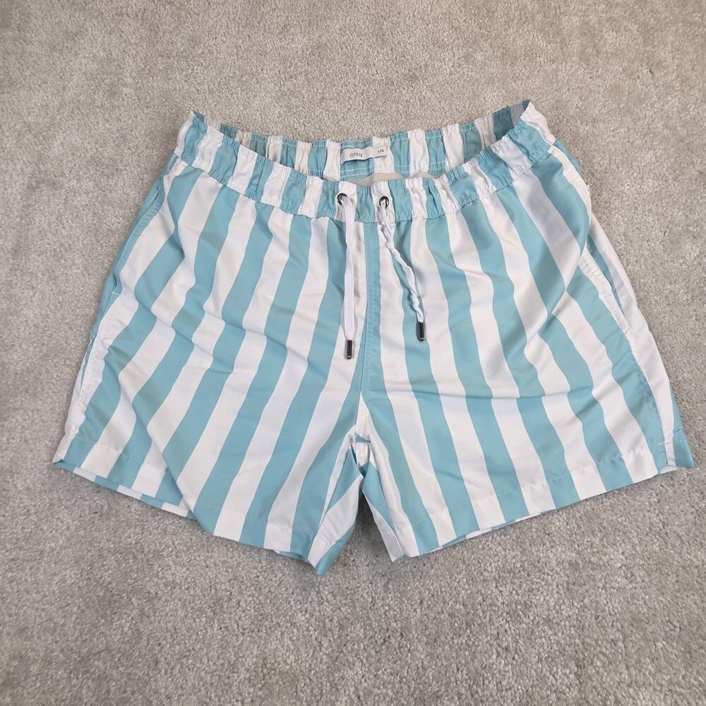 Onia Charles Swim Trunks Mens Large Teal White Striped Drawstring Shorts Beach